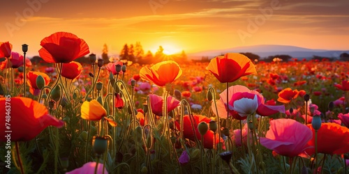 A colorful field of wildflowers in the countryside at sunset © Dament
