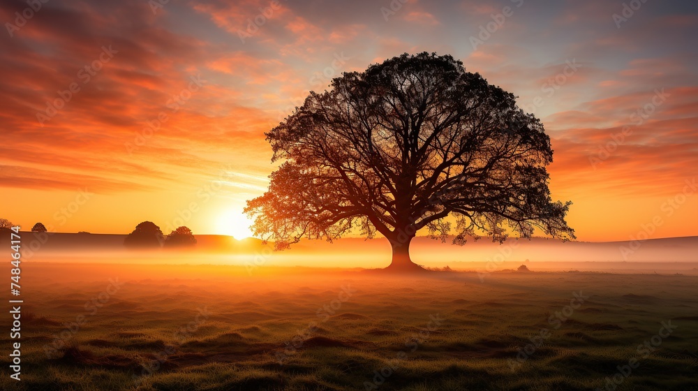 Fototapeta premium Over an oak tree in a foggy meadow, dawn breaks.