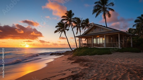 Secluded beach house vibrant sunset