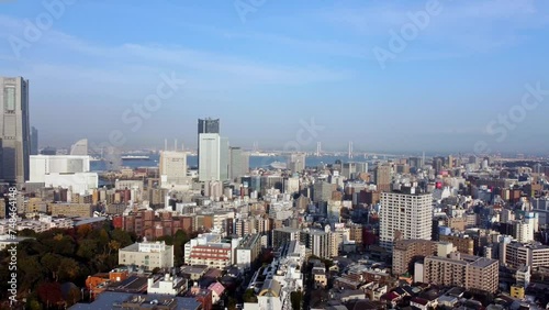 A bustling cityscape with skyscrapers under a clear sky at midday, urban expanse spreading to the horizon, aerial view