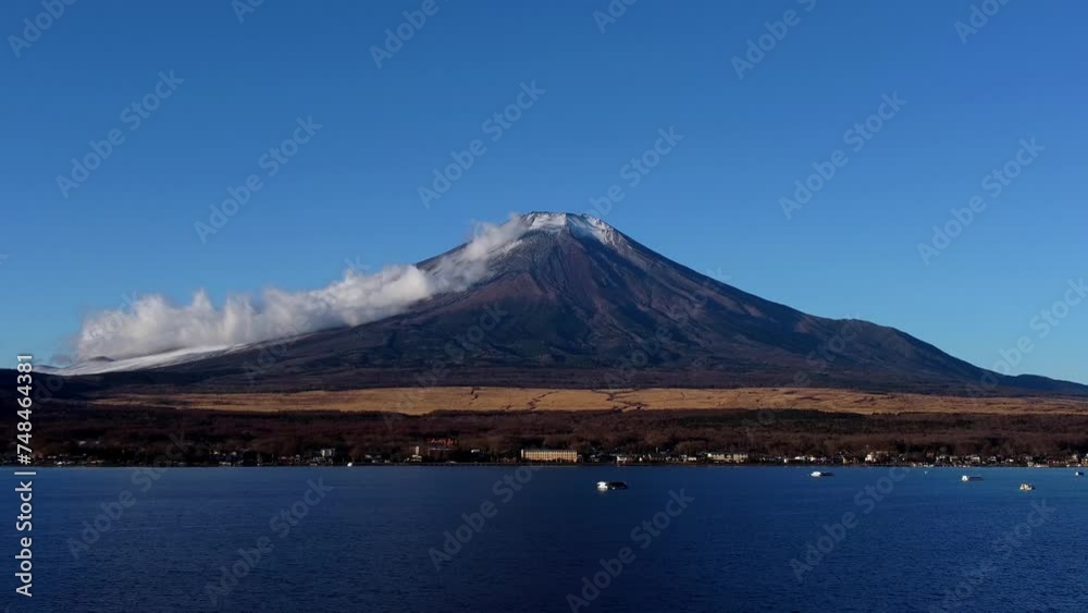 Majestic Mount Fuji with snowy peak, clear blue sky and lake in the foreground, serene nature scene Majestic Mount Fuji with snowy peak, clear blue sky and lake in the foreground, serene nature scene