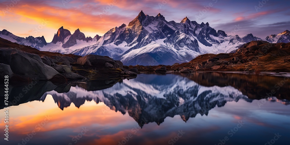 Show the rocky peaks illuminated by the first rays of morning, reflected in a lake that like a mirror.