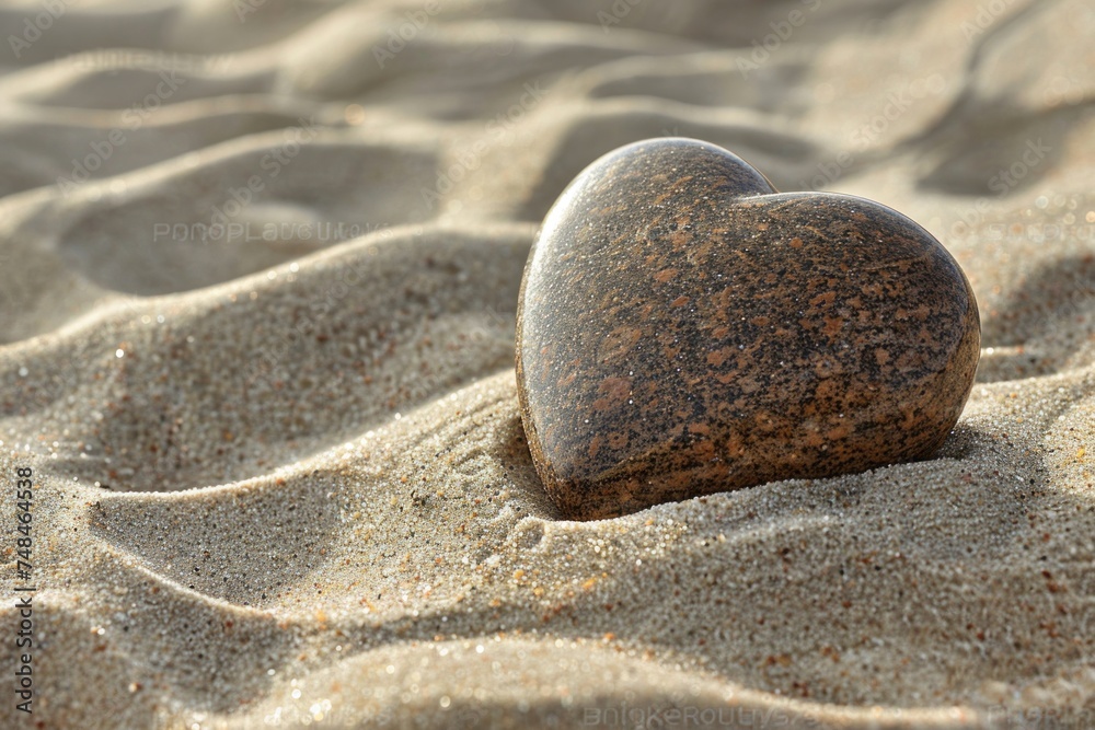 Obraz premium A heart-shaped pebble rests on a sandy beach with soft ripples in the sand.