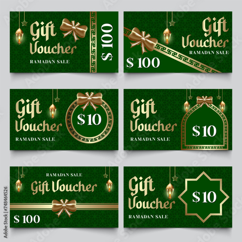 Ramadan theme voucher design, dark green and gold background