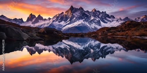 Show the rocky peaks illuminated by the first rays of morning, reflected in a lake that like a mirror.