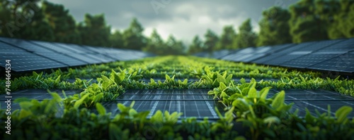 Rows of black solar panels are installed on the green grass, green energy, solar energy saving