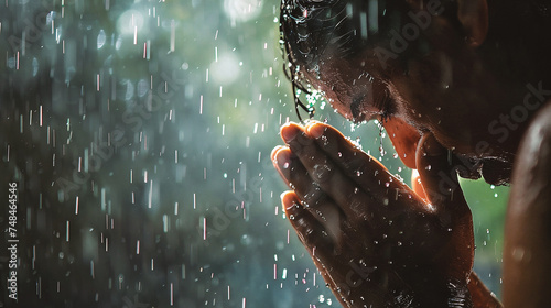 Young man praying in the rain with his hands clasped in prayer photo