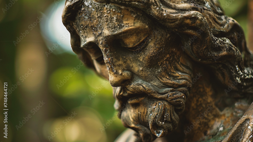 close up of a statue in a cemetery with shallow depth of field