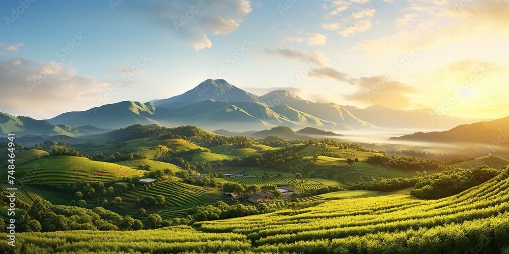 golden rays over terraced fields with green mountains in the distance