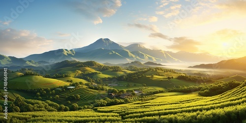 golden rays over terraced fields with green mountains in the distance