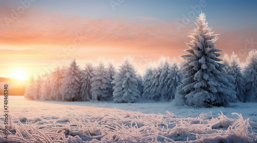 sunrise over frosted pine trees