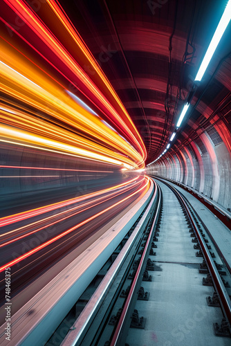 Subway tunnel with blurred light trails from an incoming train