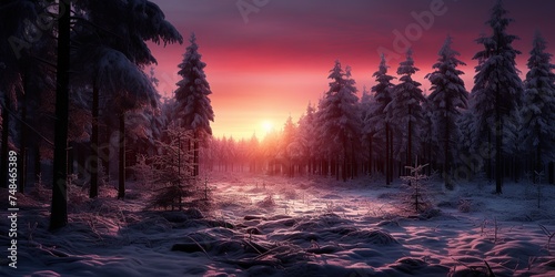 Crimson dawn over a tranquil pine forest in winter