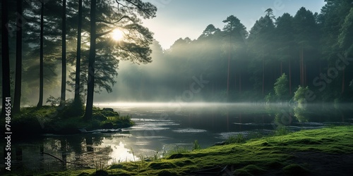 A misty morning in a verdant forest beside a pond