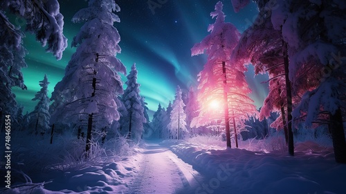 Frosted trees, a winter pathway, and northern lights above