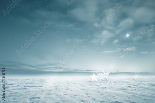 Two glowing stars on a snowy landscape under a starlit sky. a celestial metaphor for love