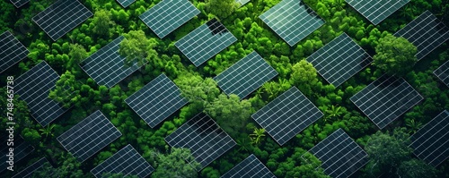 Rows of black solar panels are installed on the green grass, green energy, solar energy saving