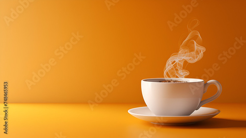 Coffee cup with steam on orange copy space, a delightful morning scene captured in vibrant hues, perfect for your coffee shop advertisement, Generative Ai.

