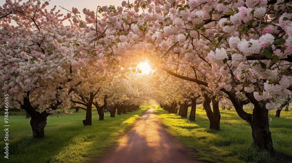 Spring garden path with morning light