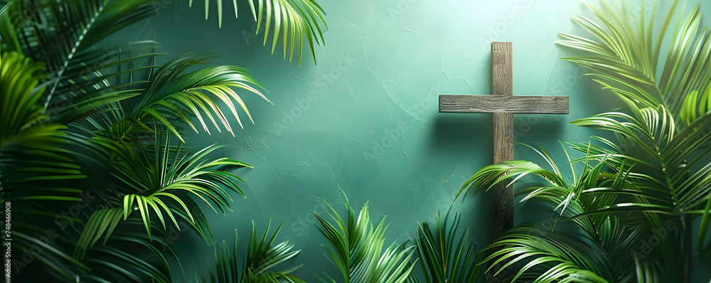cross and palm leaves. Palm sunday and easter day concept. - obrazy, fototapety, plakaty 