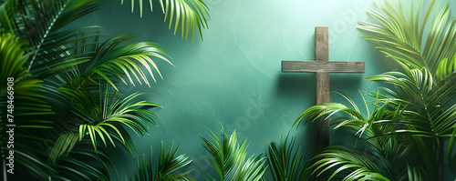 cross and palm leaves. Palm sunday and easter day concept. photo