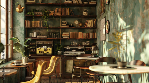 A welcoming cafe that feels like stepping back in time with its antique furnishings and shelves stocked with classic vinyl records. The faint hum of the record player adds