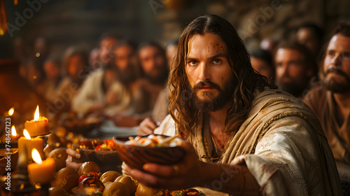 Jesus Christ with a wood cup in his hand at the Last Supper