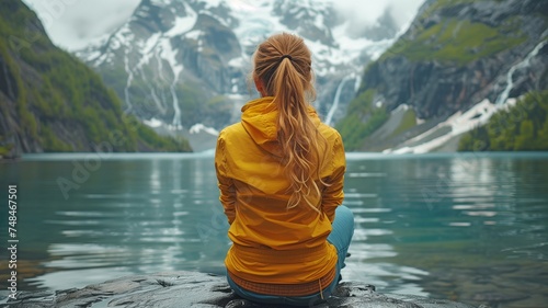 Young woman relaxing while taking in the scenery around a mountain lake