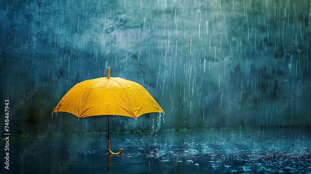 yellow umbrella on heavy rain - obrazy, fototapety, plakaty 