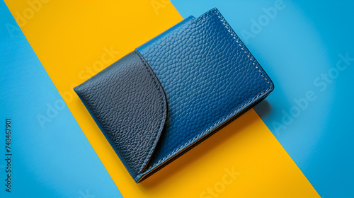 Blue leather wallet isolated on blue and yellow background, showcasing elegance and sophistication, perfect for fashion enthusiasts and accessory lovers, Generative Ai.