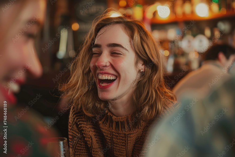 Carefree woman laughs while talking to her friends in pub