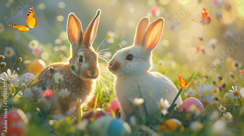 Charming Victorian-era styled rabbits frolic amidst a whimsical garden, evoking nostalgia and enchantment, Generative Ai.