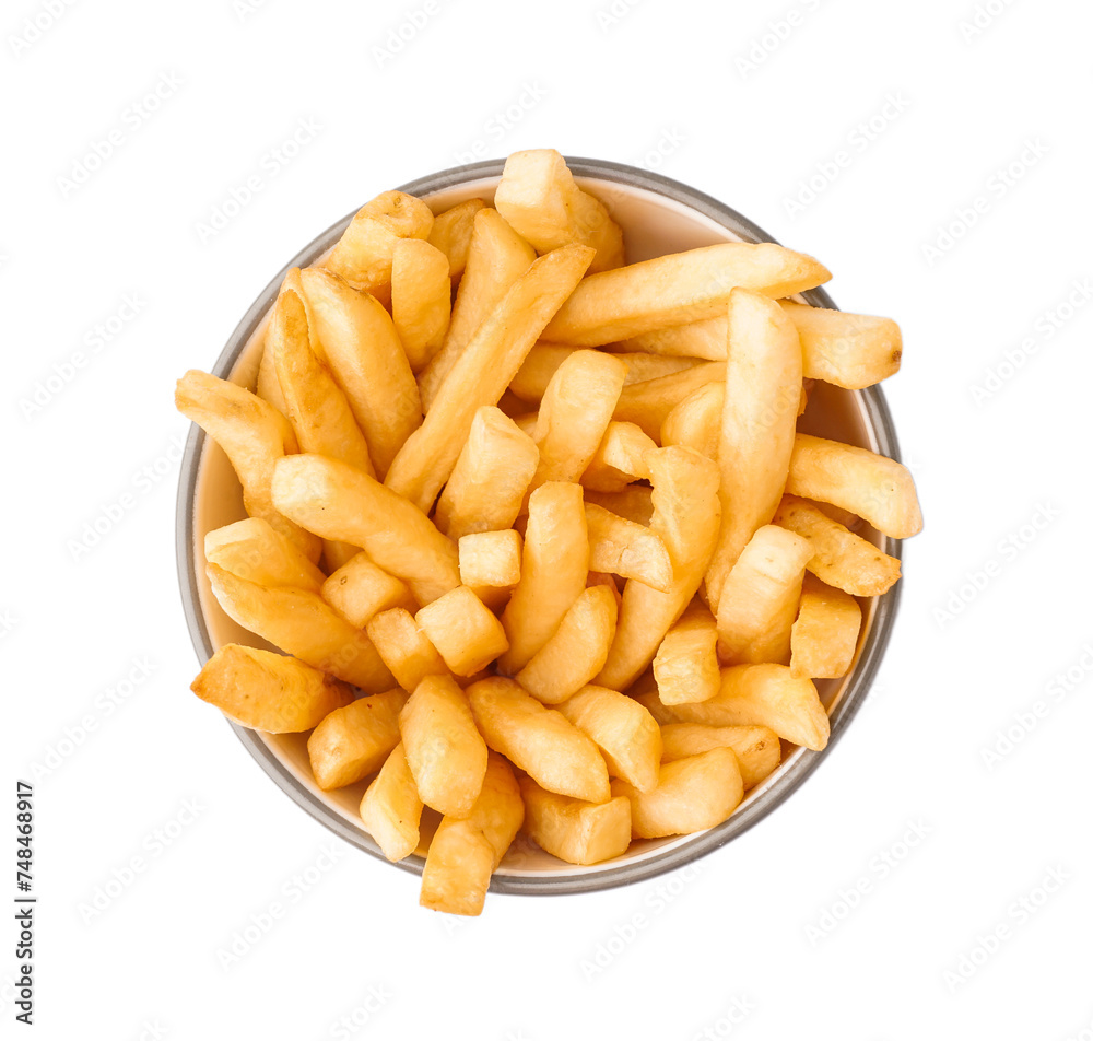 Bowl of tasty french fries on white background