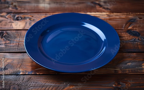 Dark blue plate on a wooden table background. Mockup template product. presentation. advertisement. copy text space.