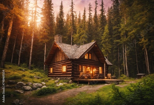 Small and cozy wooden house in the woods, light in the windows of the house