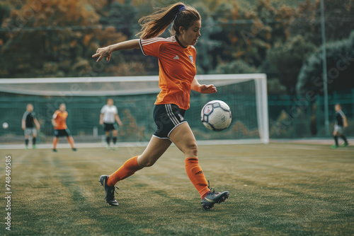Female soccer player about to kick ball on playing field