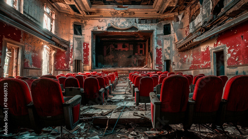 An old abandoned movie theater, shabby seats. An empty auditorium. Generative AI