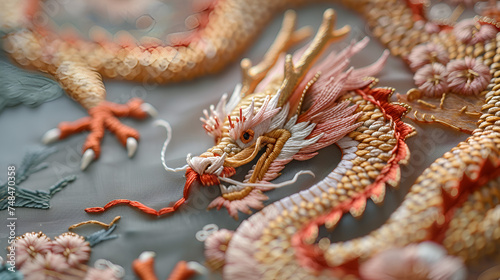 Asian dragon, traditional embroidery, detailed, golden hues, cherry blossoms, cultural, tapestry, vibrant, graceful, coiling, enchanting, intricate design, artistic, craftsmanship, mythical creature, 