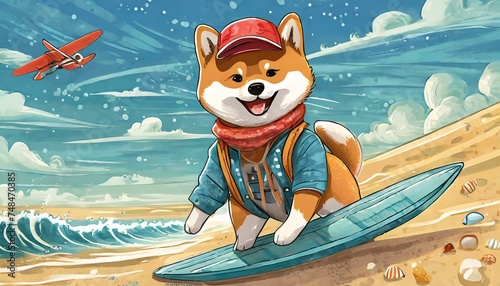 綺麗な海岸でサーフボードに乗る可愛い柴犬 © hideki