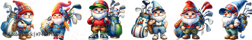 Watercolor cheerful gnome with golf bag and clubs. photo