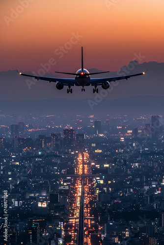 An airplane ascending over a cityscape during twilight