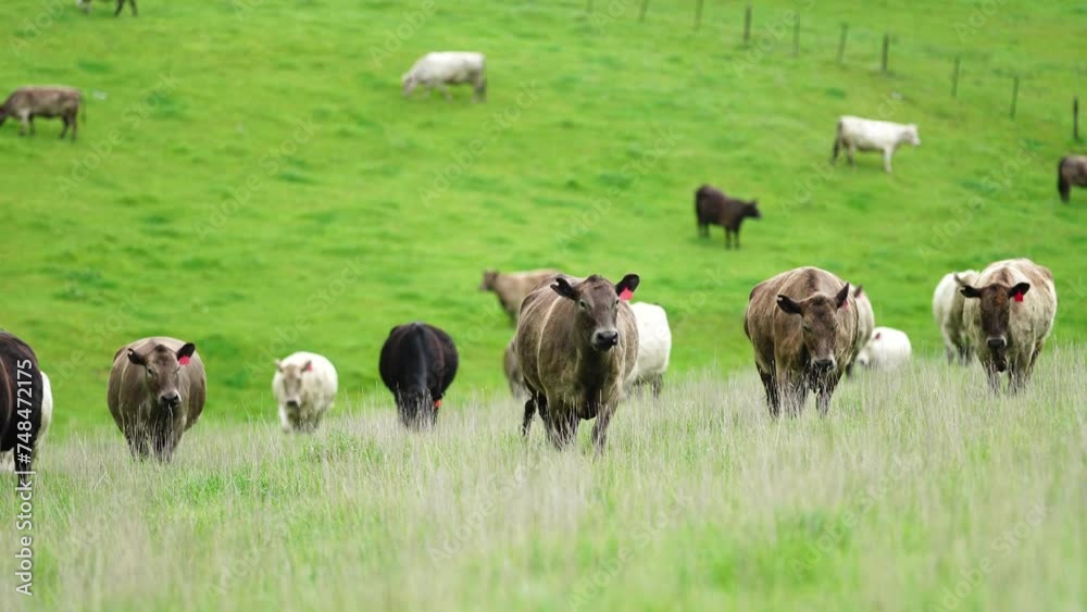 beautiful cattle in Australia eating grass, grazing on pasture. Herd of cows free range beef being regenerative raised on an agricultural farm. Sustainable farming of food crops. Cow in field beautiful cattle in Australia eating grass, grazing on pasture. Herd of cows free range beef being regenerative raised on an agricultural farm. Sustainable farming of food crops. Cow in field