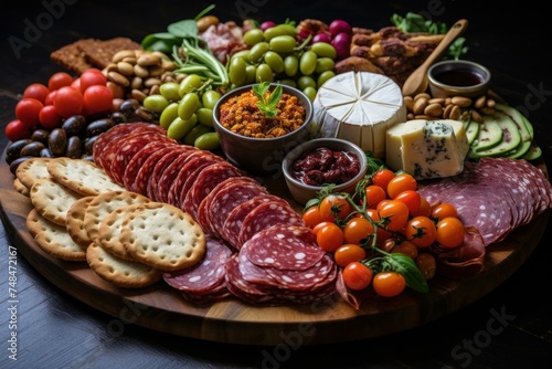 Enticing Appetizers platter. Snack salami dinner. Generate Ai