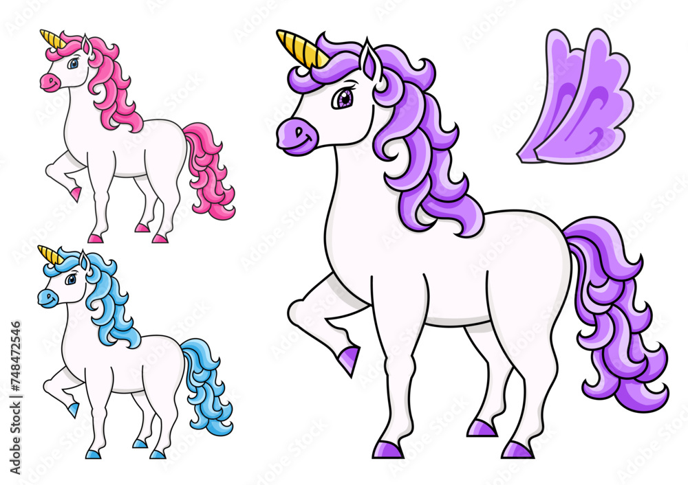 Cute unicorn with wings. Magic fairy horse. Cartoon character. Colorful vector illustration. Isolated on white background. Design element. Cute unicorn with wings. Magic fairy horse. Cartoon character. Colorful vector illustration. Isolated on white background. Design element.