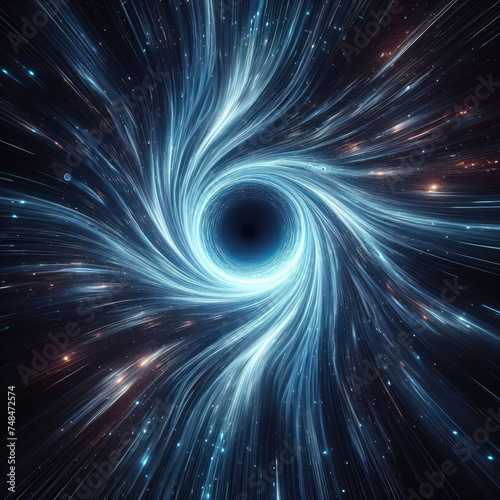 Warp tunnel wormhole moving in hyperspace, abstract blue energy vortex, black hole, wormhole, event horizon,  sci-fi, Tunnel or wormhole over curved spacetime. Travelling in space concept. NASA.