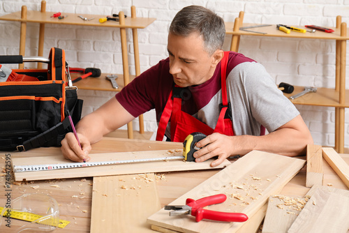 Male carpenter measuring pl...