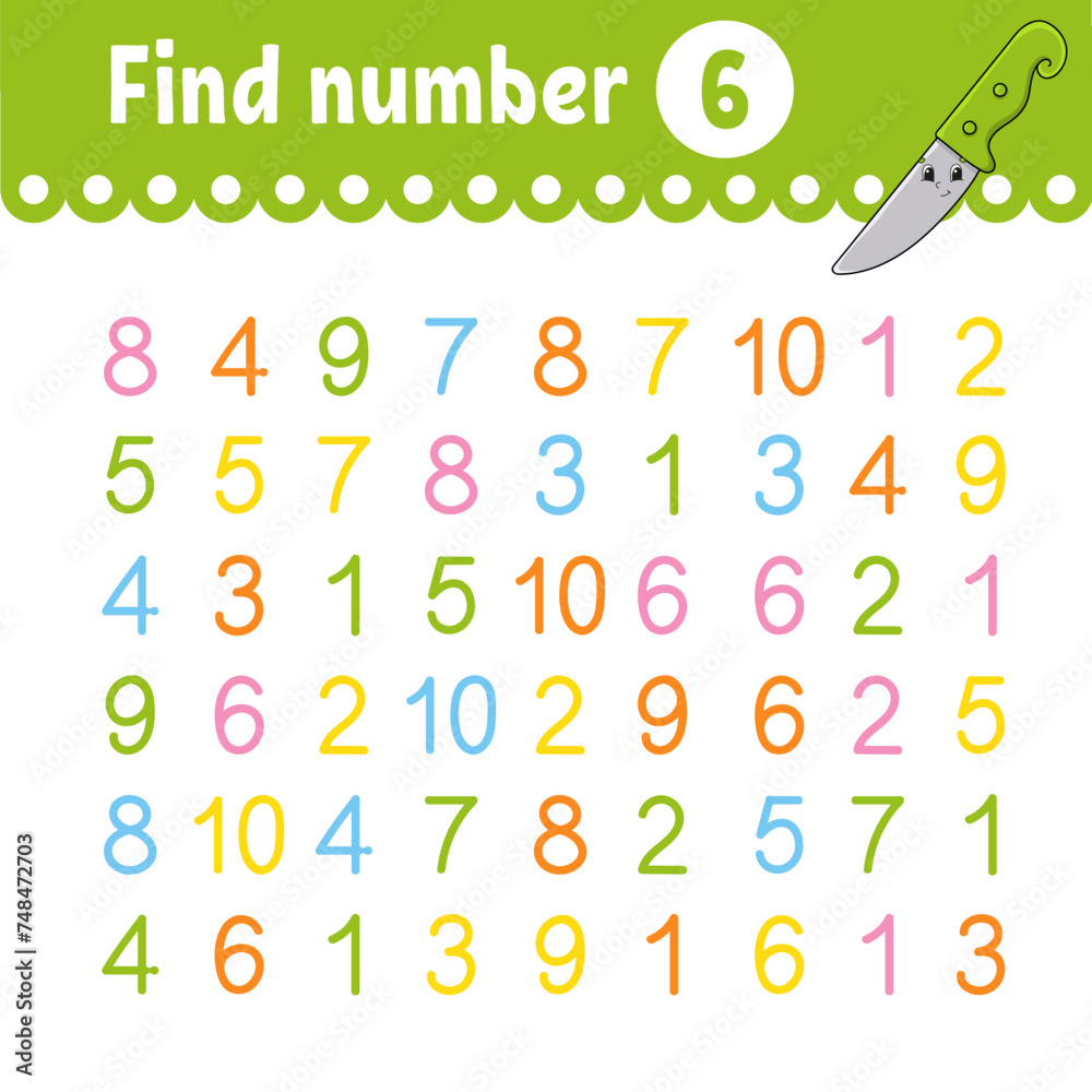 Find number. Education developing worksheet. Activity page with pictures. Game for children. Funny character. cartoon style. Vector illustration. Find number. Education developing worksheet. Activity page with pictures. Game for children. Funny character. cartoon style. Vector illustration.