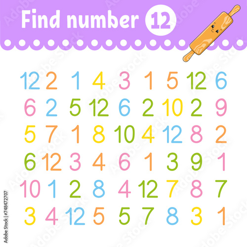 Find number. Education developing worksheet. Activity page with pictures. Game for children. Funny character. cartoon style. Vector illustration.