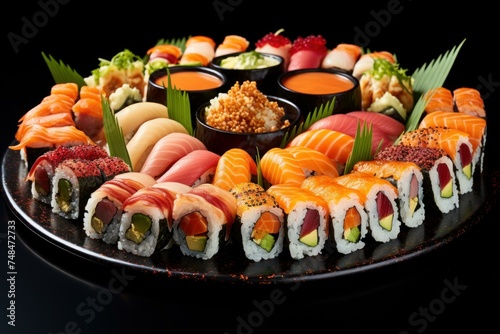 Varied Platter sushi rolls. Seafood meal. Generate Ai