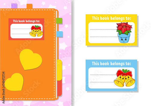 Book label stickers for kids. The rectangular shape. Cartoon character. For the diary, notebook, book. Isolated on white background. Vector illustration.